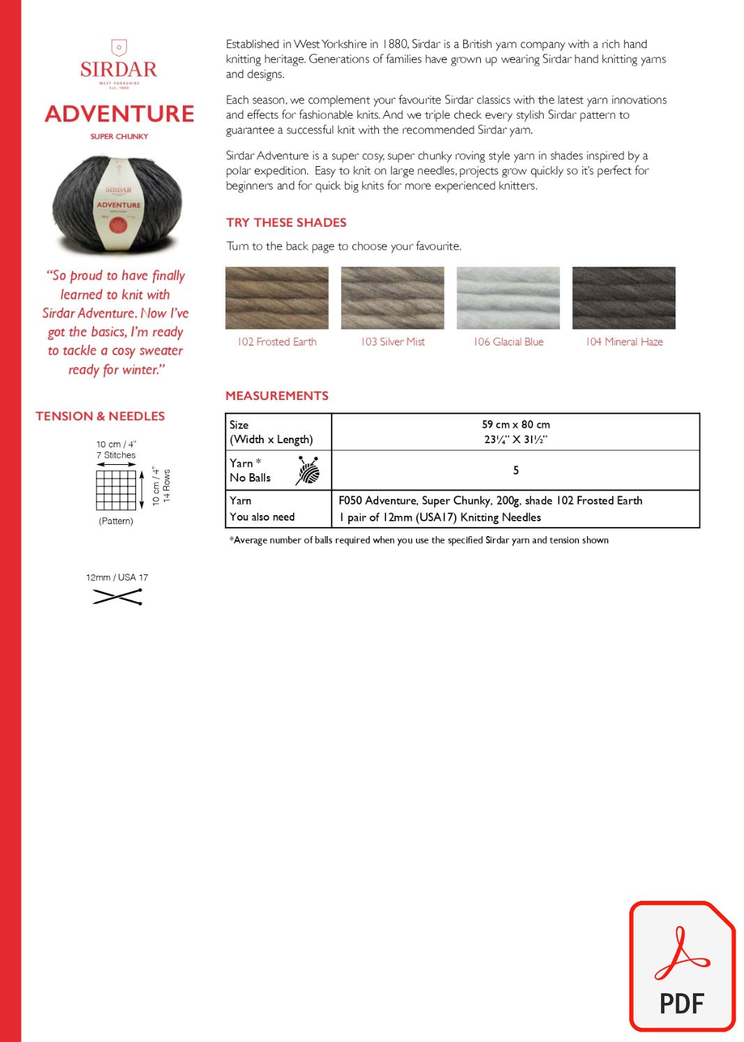 Sirdar 10312 Adventure Super Chunky (PDF) Knit in a Box