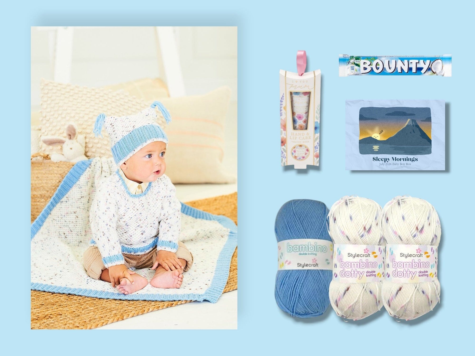 Sleepy Mornings Baby Boy Jumpers, Hat/ Blanket Knit in a Box