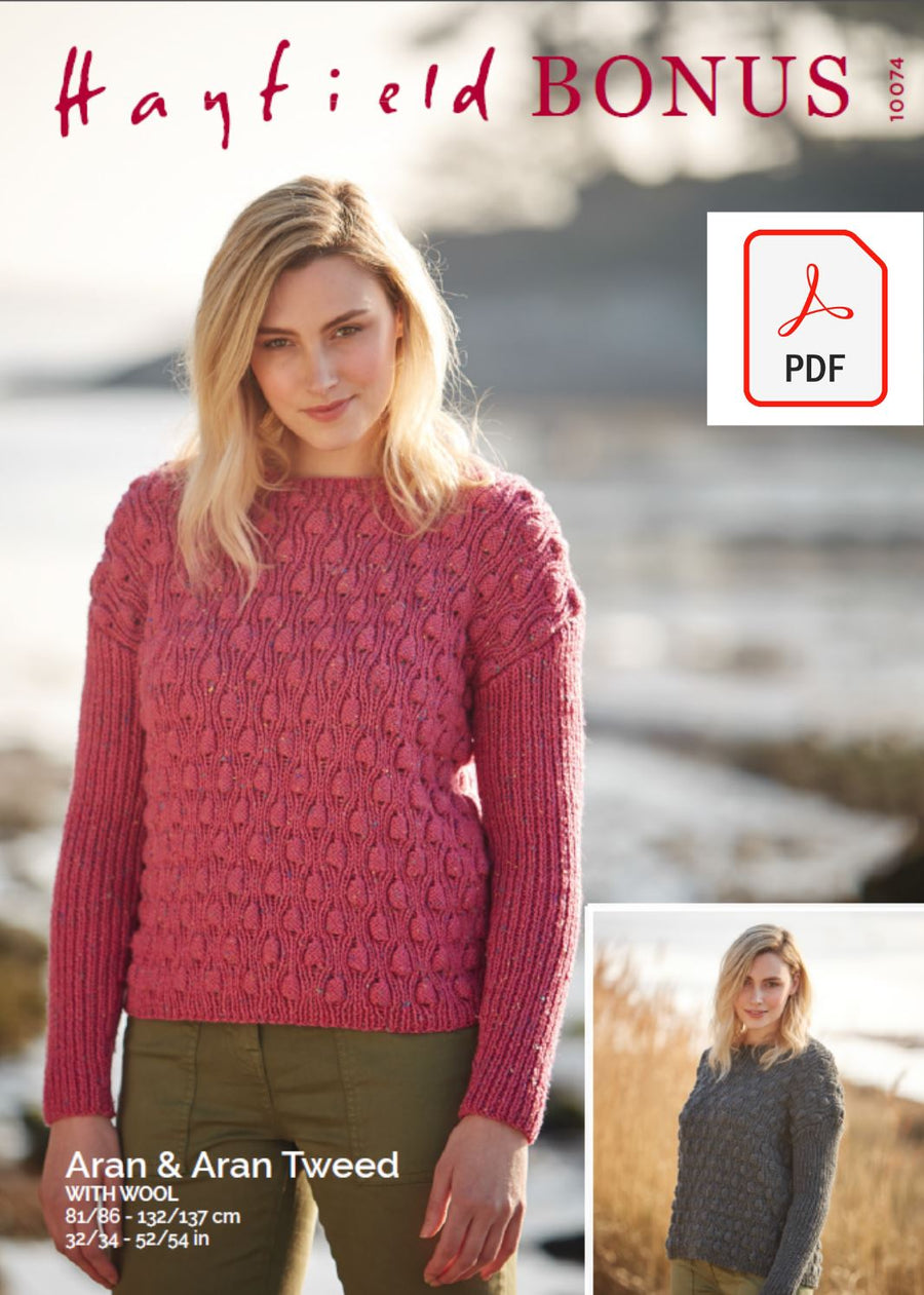 Hayfield 10074 Ladies Sweater in Bonus Aran & Bonus Aran Tweed with Wool (PDF) Knit in a Box 