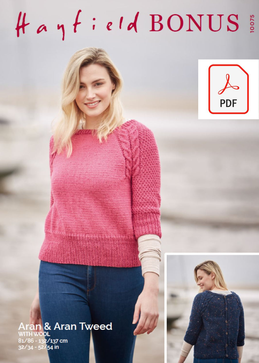 Hayfield 10075 Ladies Top in Bonus Aran & Bonus Aran Tweed with Wool (PDF) Knit in a Box 