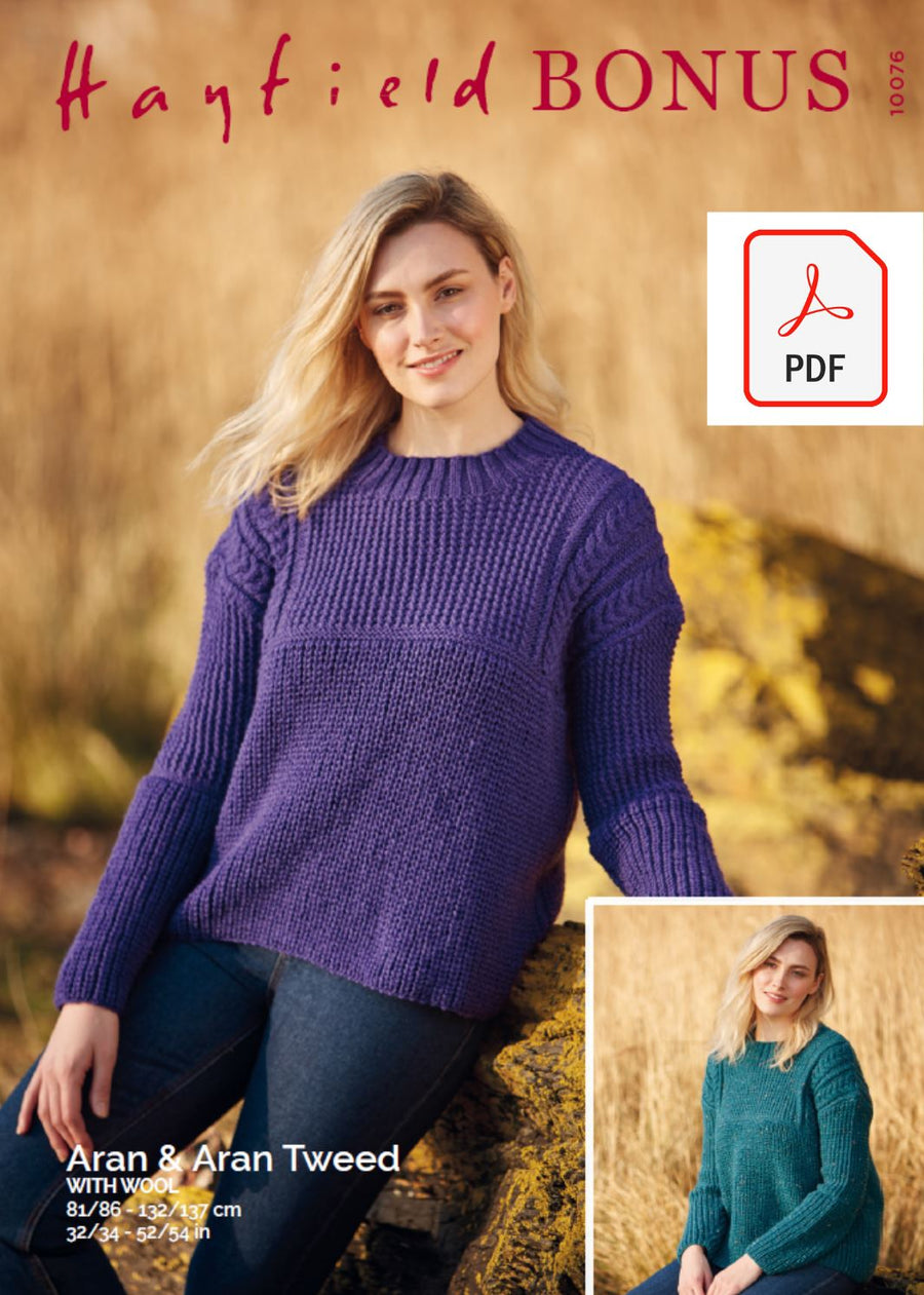 Hayfield 10076 Ladies Sweater in Bonus Aran & Bonus Aran Tweed with Wool (PDF) Knit in a Box 