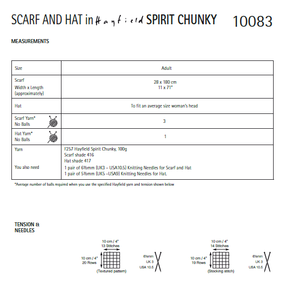 Hayfield 10083 Scarf & Hat in Hayfield Spirit Chunky (PDF) Knit in a Box