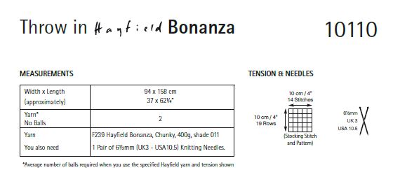 Hayfield 10110 Throw in Bonanza Chunky (PDF) Knit in a Box