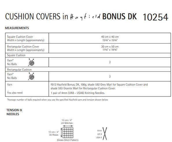 Hayfield 10254 Cushion Covers in Bonus DK (PDF) Knit in a Box