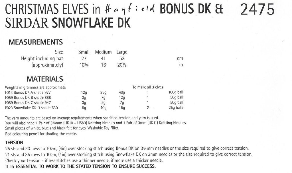Hayfield 2475 Christmas Elves in Bonus DK and Sirdar Snowflake DK (PDF) Knit in a Box