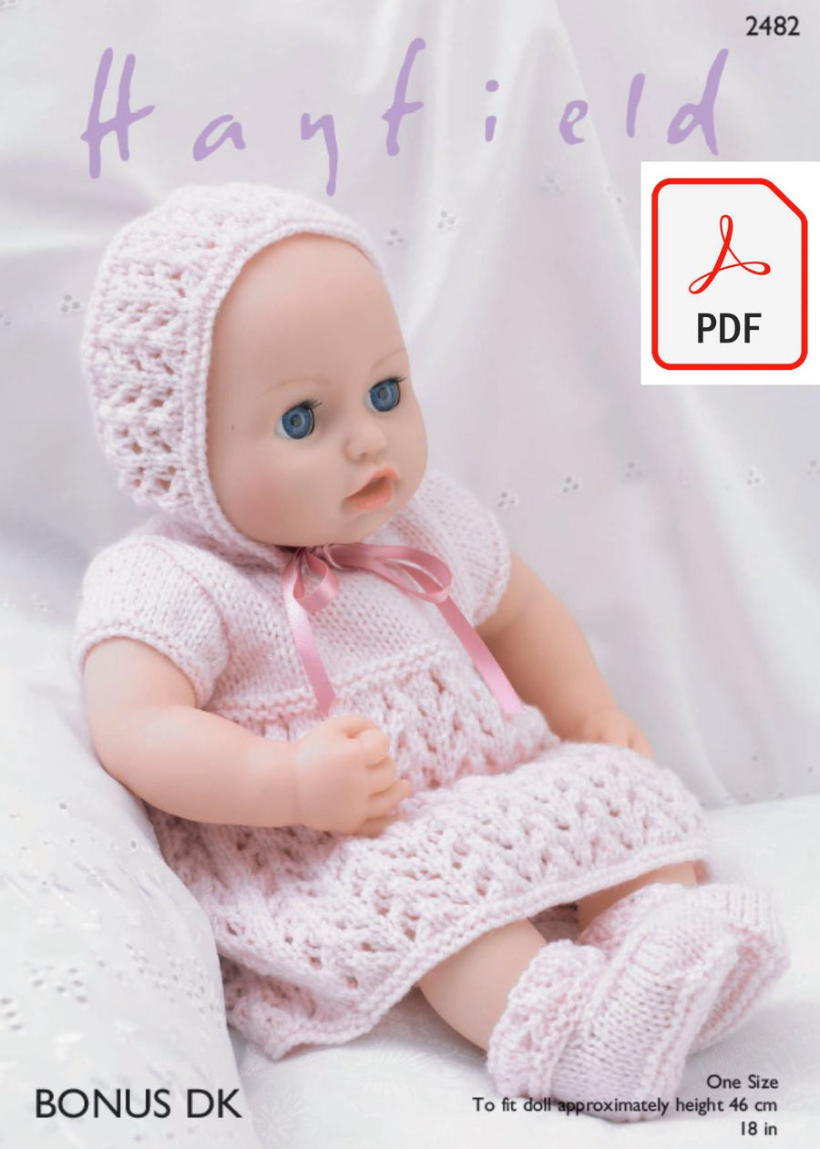 Hayfield 2482 Baby Dolls Dress, Bonnet, Bootee´s and Pants in Bonus DK (PDF) Knit in a Box 