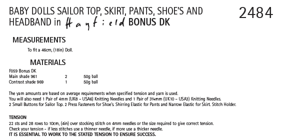 Hayfield 2484 Baby Dolls Sailor Top, Skirt, Pants, Schoe´s and Headband in Bonus DK (PDF) Knit in a Box