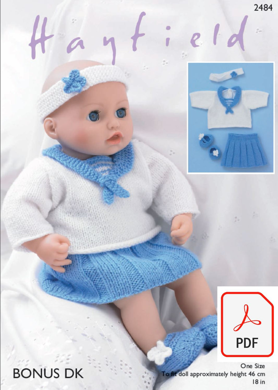 Hayfield 2484 Baby Dolls Sailor Top, Skirt, Pants, Schoe´s and Headband in Bonus DK (PDF) Knit in a Box 