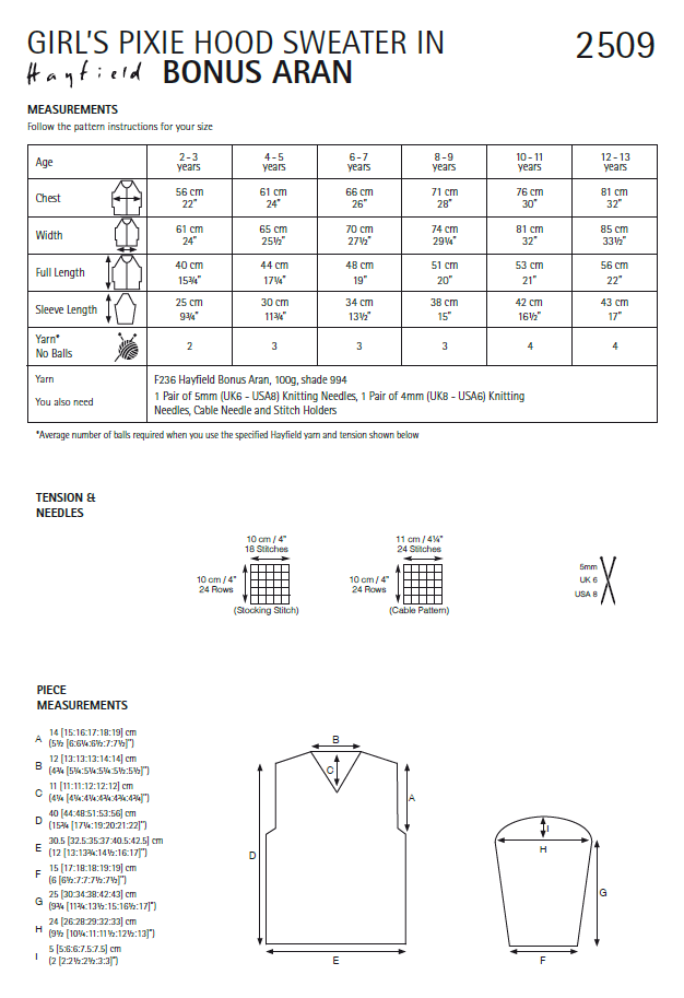 Hayfield 2509 Girl Pixie Hood Sweater in Hayfield Bonus Aran (PDF) Knit in a Box