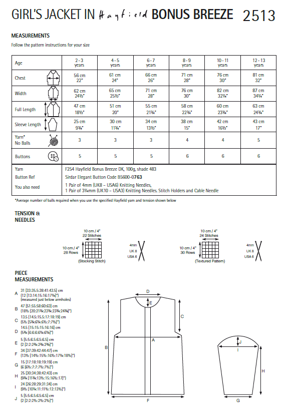 Hayfield 2513 Girl Jacket in Hayfield Bonus Breeze DK (PDF) Knit in a Box