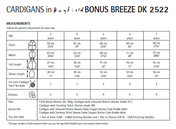Hayfield 2522 Children Cardigans in Bonus Breeze DK (PDF) Knit in a Box