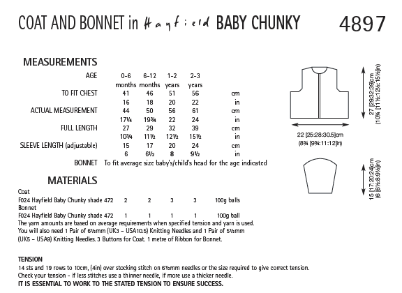 Hayfield 4897 Coat and Bonnet in Baby Chunky (PDF) Knit in a Box