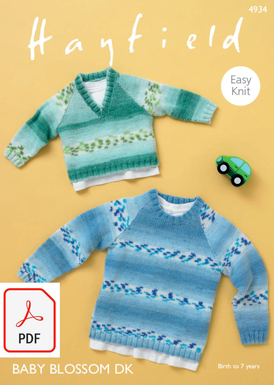 Hayfield 4934 Baby Boy´s and Boy´s Raglan Sweaters in Baby Blossom DK (PDF) Knit in a Box 