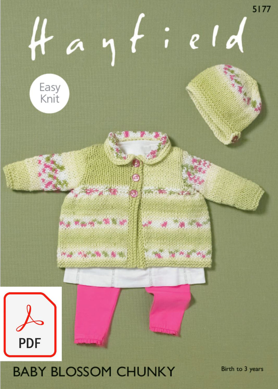 Hayfield 5177 Matinee Coat and Bonnet in Baby Blossom Chunky (PDF) Knit in a Box 
