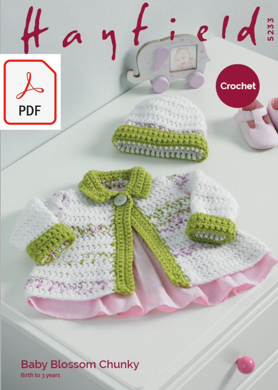 Hayfield 5233 Baby Girl's Crochet Jacket & Hat in Baby Blossom Chunky (PDF) Knit in a Box 