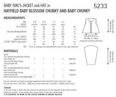 Hayfield 5233 Baby Girl's Crochet Jacket & Hat in Baby Blossom Chunky (PDF) Knit in a Box