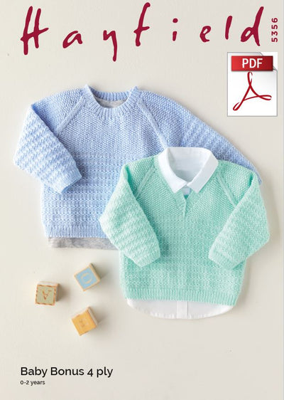 Hayfield 5356 Babie Round & V Neck Sweater in Baby Bonus 4 Ply (PDF) Knit in a Box