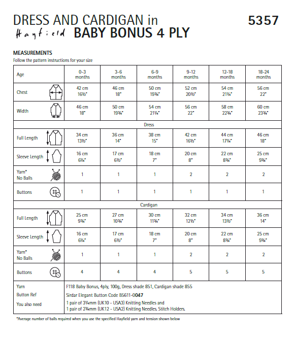 Hayfield 5357 Babie Dress & Cardigan in Baby Bonus 4 Ply (PDF) Knit in a Box