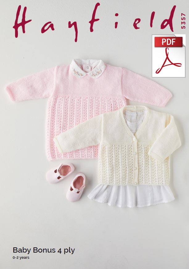 Hayfield 5357 Babie Dress & Cardigan in Baby Bonus 4 Ply (PDF) Knit in a Box 