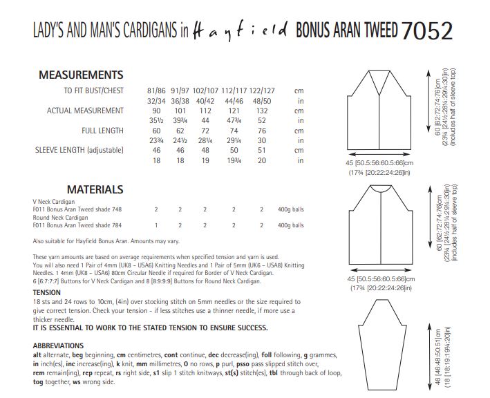 Hayfield 7052 Lady´s and Man´s Cardigans in Bonus Aran Tweed (PDF) Knit in a Box