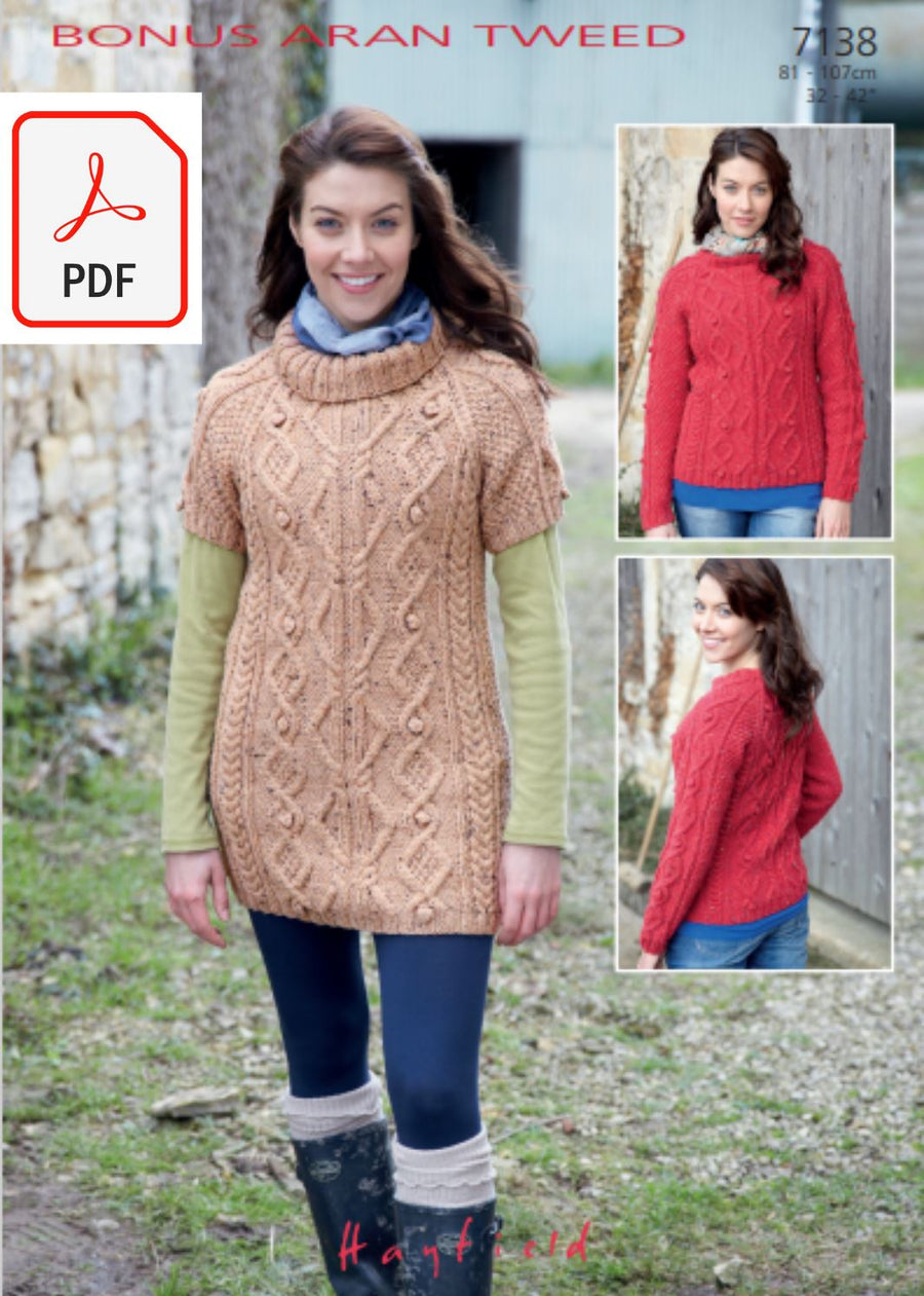 Hayfield 7138 Sweater and Tunic in Bonus Aran Tweed (PDF) Knit in a Box 