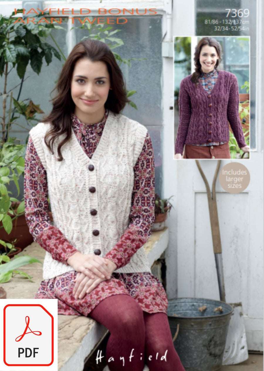 Hayfield 7369 Waistcoat and Cardigan in Bonus Aran Tweed (PDF) Knit in a Box 