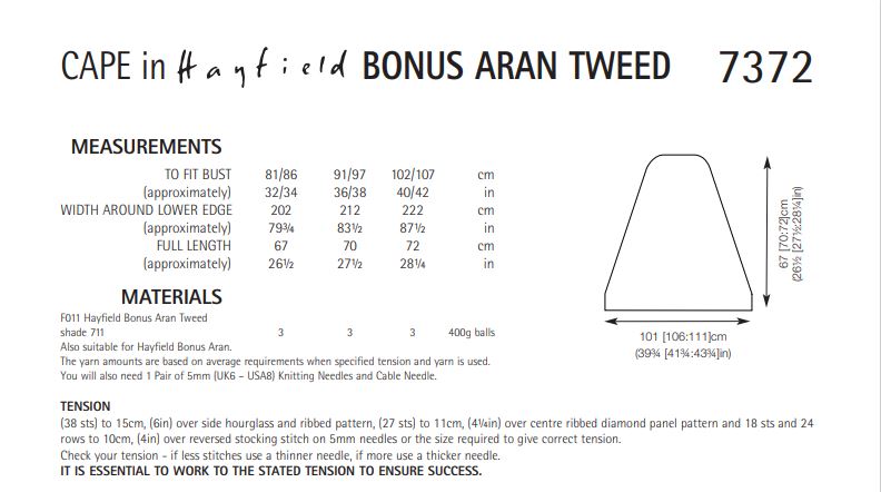 Hayfield 7372 Cape in Bonus Aran Tweed (PDF) Knit in a Box