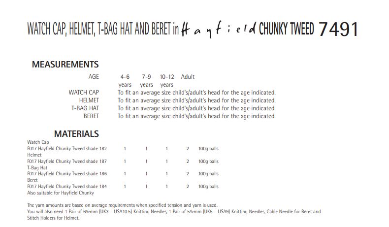Hayfield 7491 Watch Cap, Helmet, T-Bag Hat and Beret in Chunky Tweed (PDF) Knit in a Box