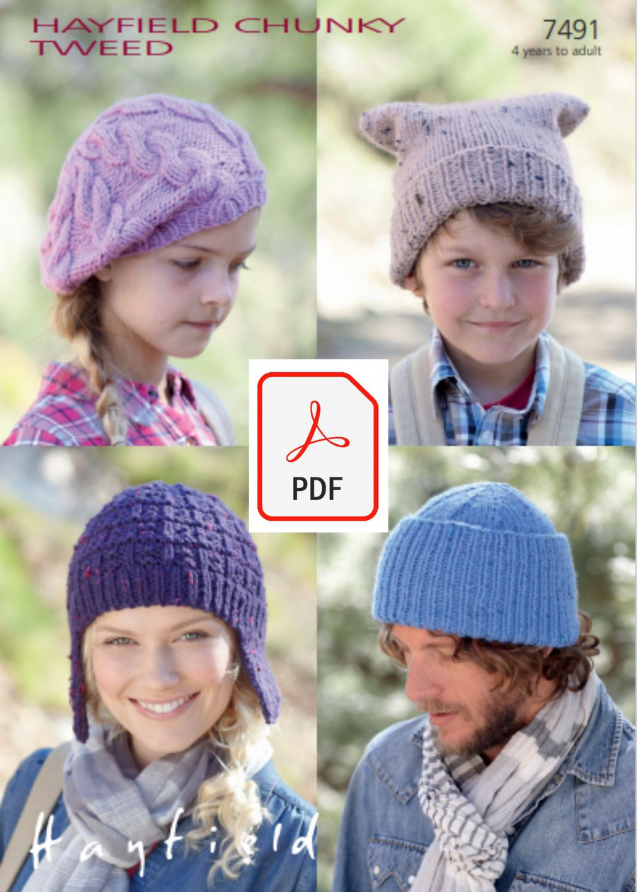 Hayfield 7491 Watch Cap, Helmet, T-Bag Hat and Beret in Chunky Tweed (PDF) Knit in a Box 