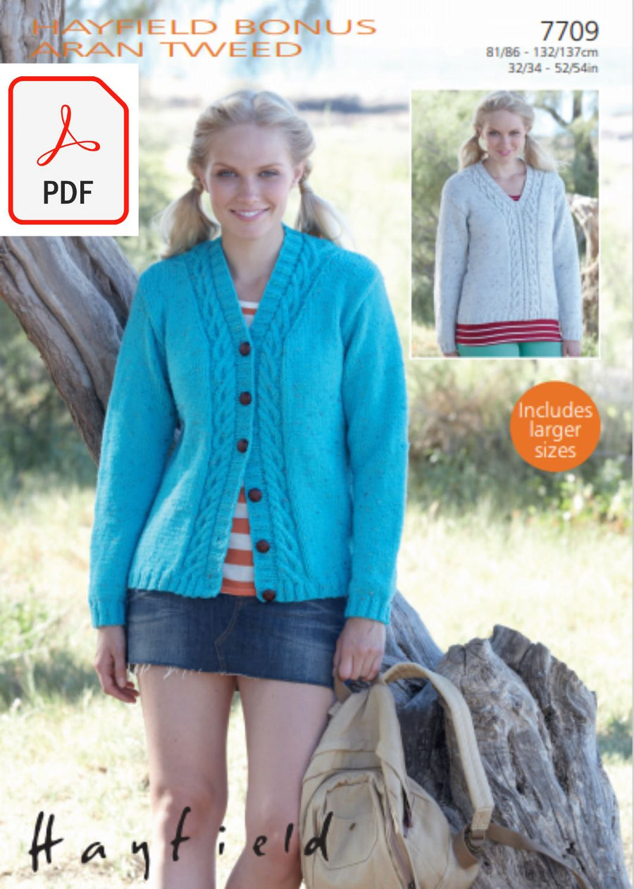 Hayfield 7709 Sweater and Cardigan in Bonus Aran Tweed (PDF) Knit in a Box 