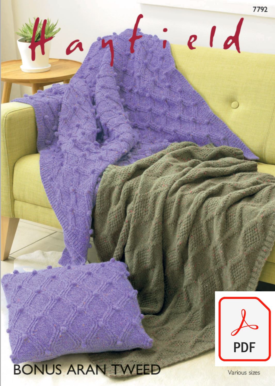 Hayfield 7792 Blankets and Cushion Cover in Bonus Aran Tweed (PDF) Knit in a Box