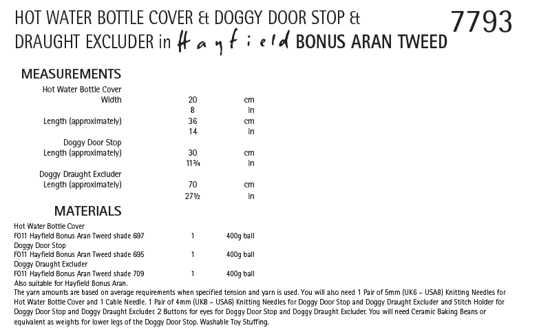 Hayfield 7793 Hot Water Bottle Cover and Doggy Door Stop and Draught Excluder in Bonus Aran Tweed (PDF) Knit in a Box