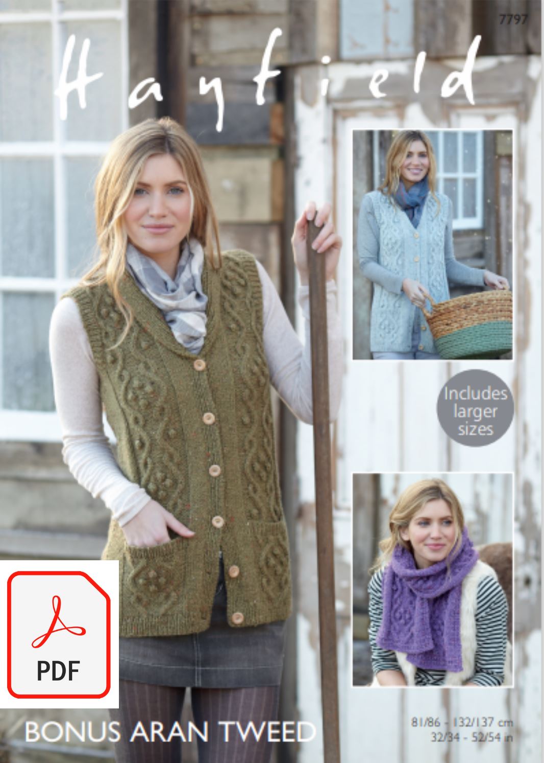 Hayfield 7797 Waistcoats and Scarf in Bonus Aran Tweed (PDF) Knit in a Box