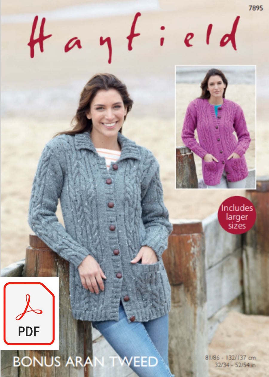 Hayfield 7895 Cardigans in Bonus Aran Tweed (PDF) Knit in a Box 