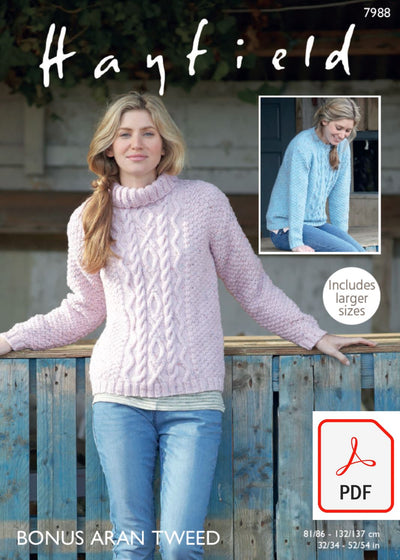 Hayfield 7988 Sweaters in Bonus Aran Tweed (PDF) Knit in a Box