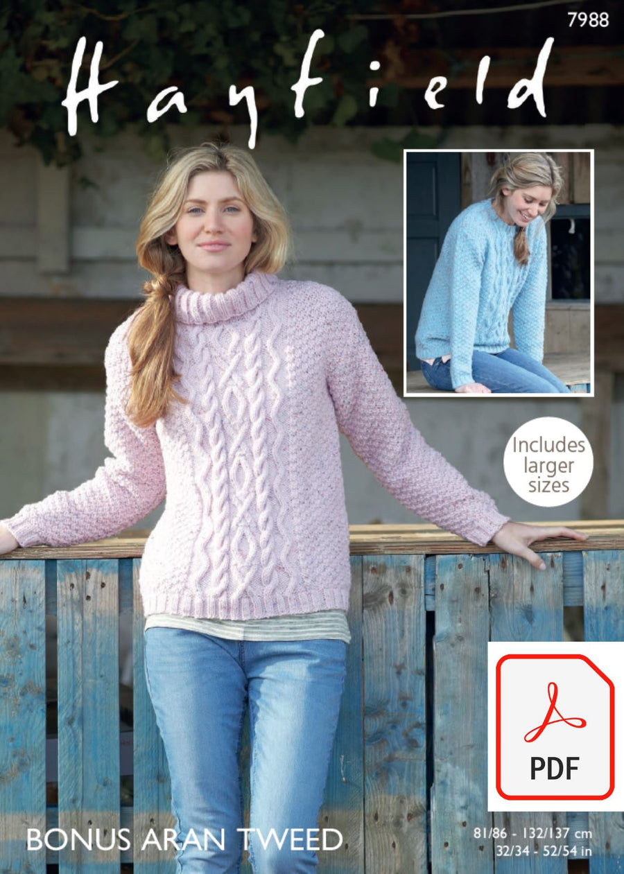 Hayfield 7988 Sweaters in Bonus Aran Tweed (PDF) Knit in a Box 