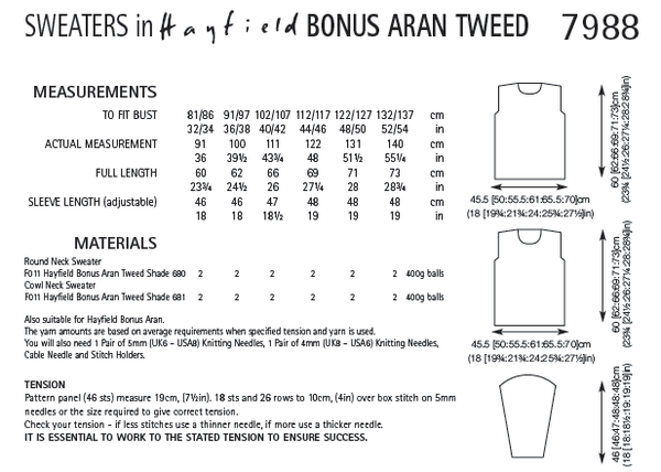 Hayfield 7988 Sweaters in Bonus Aran Tweed (PDF) - Knit in a Box