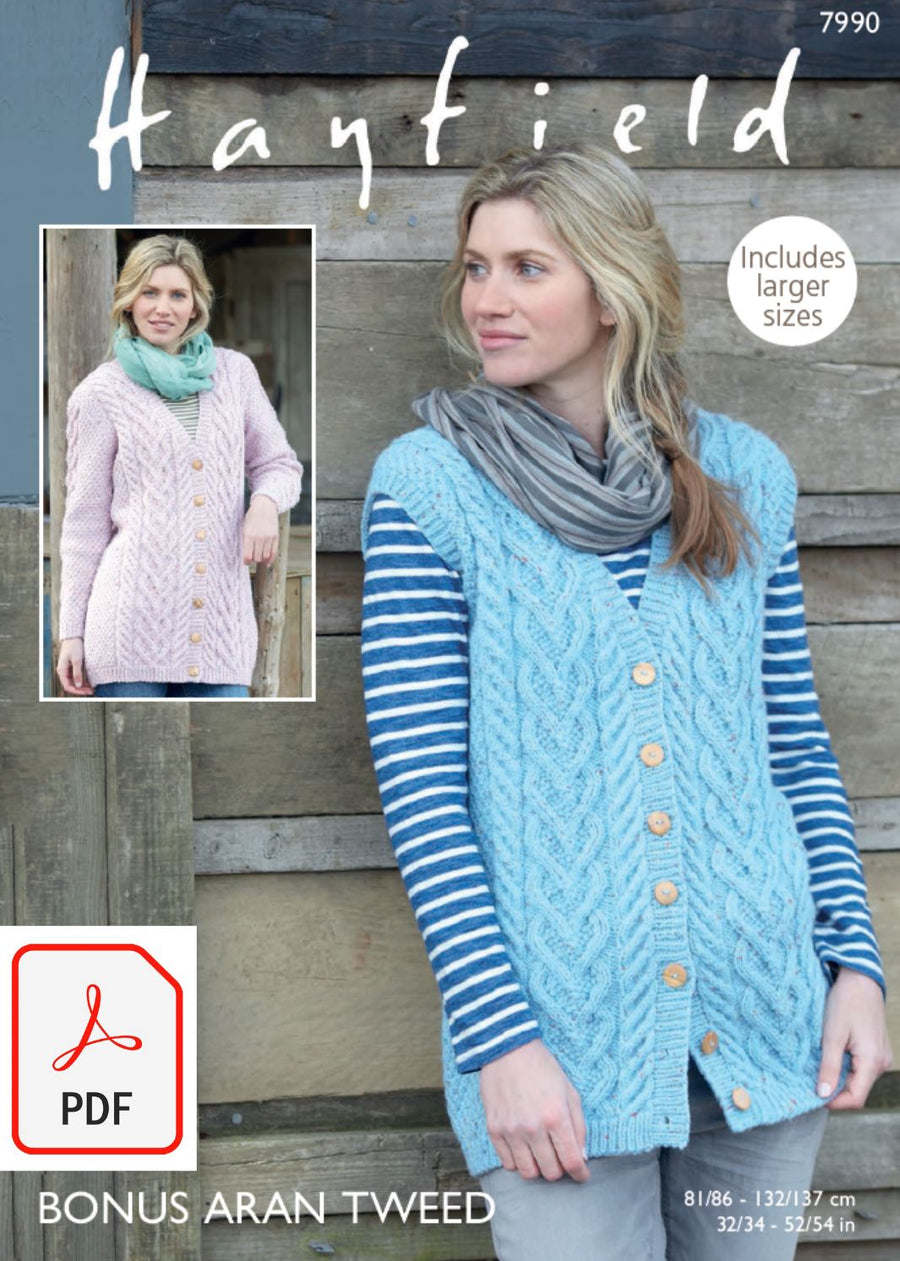 Hayfield 7990 Longline Waistcoat and Jacket in Bonus Aran Tweed (PDF) Knit in a Box 
