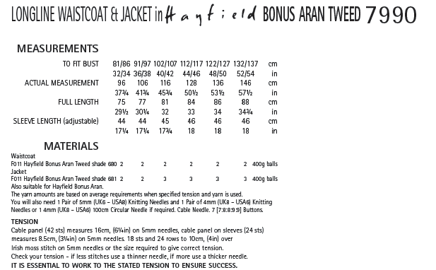 Hayfield 7990 Longline Waistcoat and Jacket in Bonus Aran Tweed (PDF) Knit in a Box