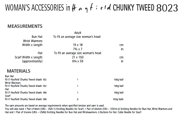 Hayfield 8023 Woman´s Accessories in Chunky Tweed (PDF) Knit in a Box