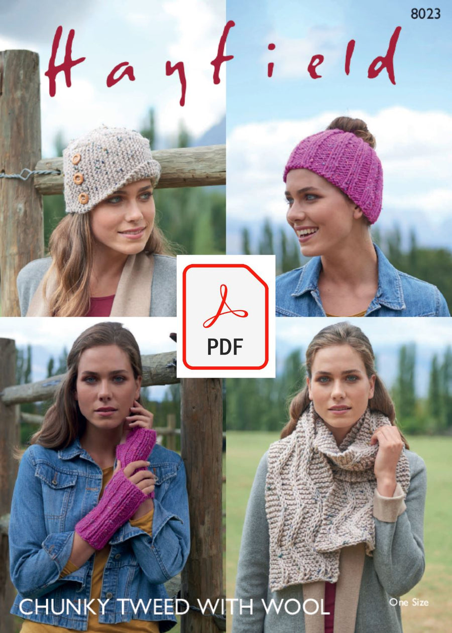 Hayfield 8023 Woman´s Accessories in Chunky Tweed (PDF) Knit in a Box 
