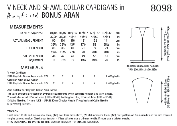 Hayfield 8098 V Neck and Shawl Collar Cardigan in Bonus Aran (PDF) Knit in a Box