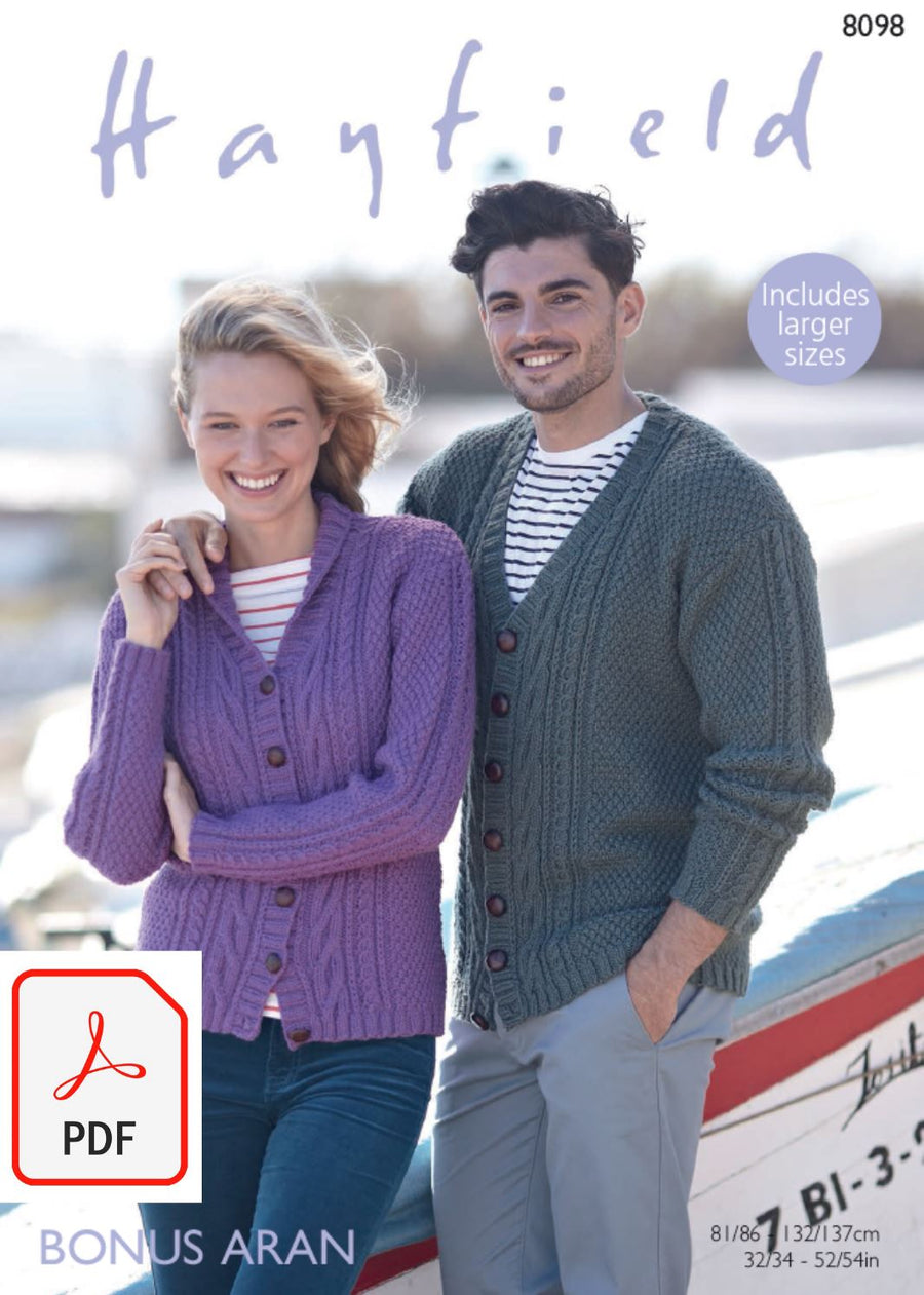 Hayfield 8098 V Neck and Shawl Collar Cardigan in Bonus Aran (PDF) Knit in a Box 