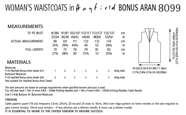 Hayfield 8099 Woman´s Waistcoats in Bonus Aran (PDF) Knit in a Box