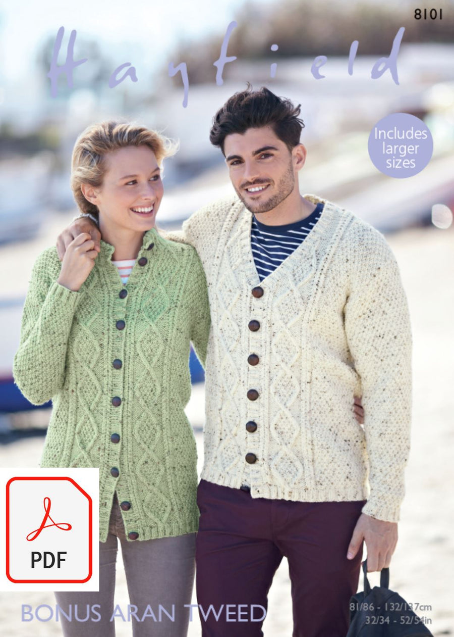 Hayfield 8101 Cardigans in Bonus Aran Tweed (PDF) Knit in a Box 
