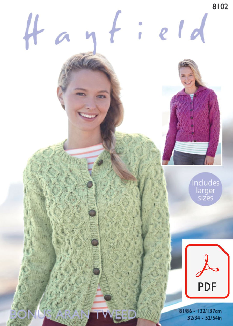 Hayfield 8102 Cardigans in Bonus Aran Tweed (PDF) Knit in a Box 