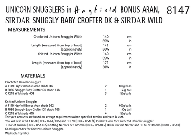 Hayfield 8147 Unicorn Snugglers in Bonus Aran, Sirdar Snuggly Baby Crofter DK and Sirdar Wild (PDF) Knit in a Box