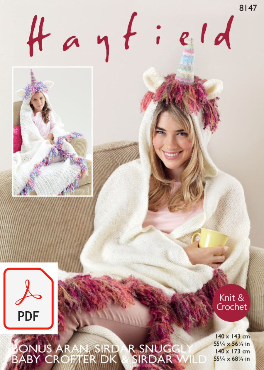 Hayfield 8147 Unicorn Snugglers in Bonus Aran, Sirdar Snuggly Baby Crofter DK and Sirdar Wild (PDF) Knit in a Box 