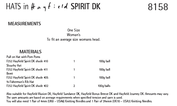 Hayfield 8158 Hats in Spirit DK (PDF) Knit in a Box