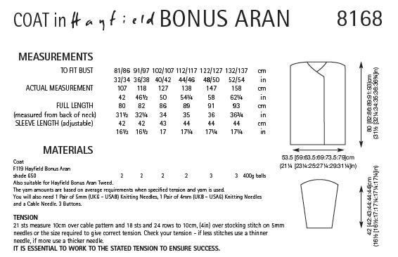 Hayfield 8168 Coat in Bonus Aran (PDF) Knit in a Box